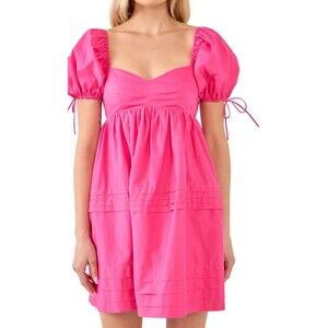English Factory Pleated Detail Puff Sleeve Mini Dress Pink Size M